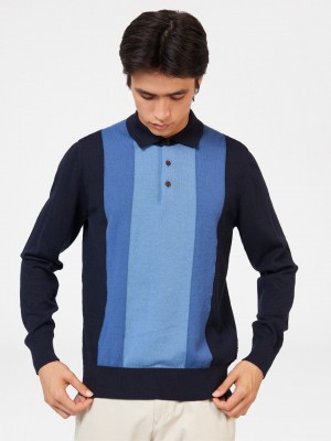 Ben Sherman Block Stripe Merino Polo Neck Sweaters Navy | JZHBYO-076