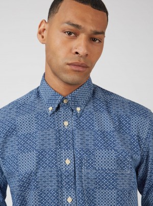 Ben Sherman Chambray Patchwork Geo Print Long-Sleeve Shirts Blue | YEQKGH-381