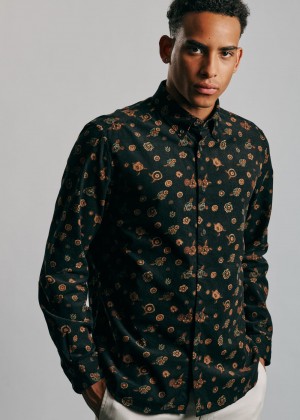 Ben Sherman Retro Floral Print Corduroy Shirts Black | FCTNJP-931