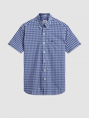 Ben Sherman Short Sleeve House Poplin Gingham Shirts Navy / Olive | VWJKNS-409