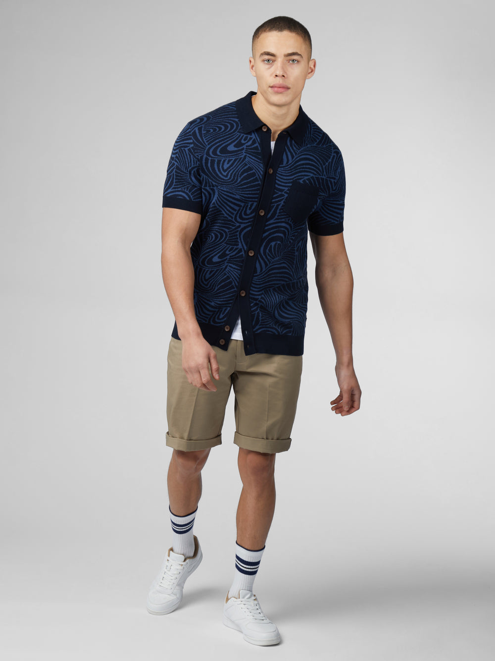 Ben Sherman B by Ben Sherman Swirl Jacquard Button Through Polo Knitwear Navy | UJHBMY-396