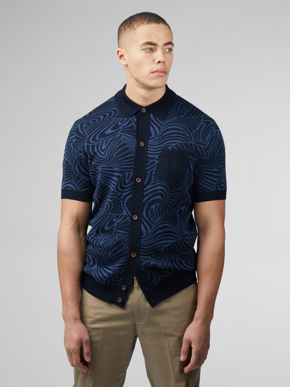 Ben Sherman B by Ben Sherman Swirl Jacquard Button Through Polo Knitwear Navy | UJHBMY-396