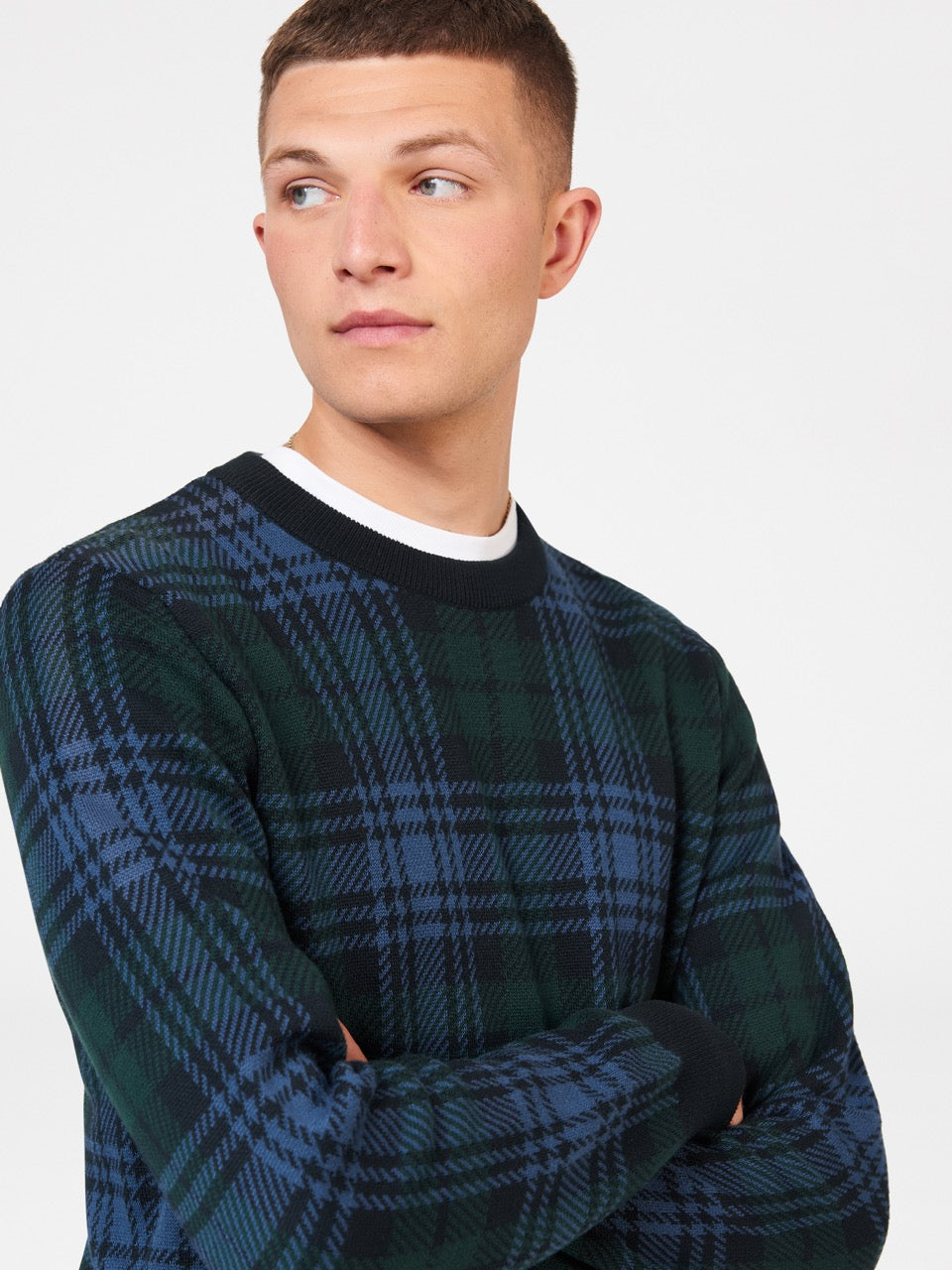 Ben Sherman Blackwatch Check Crewneck Knitwear Black | XHBLNG-047