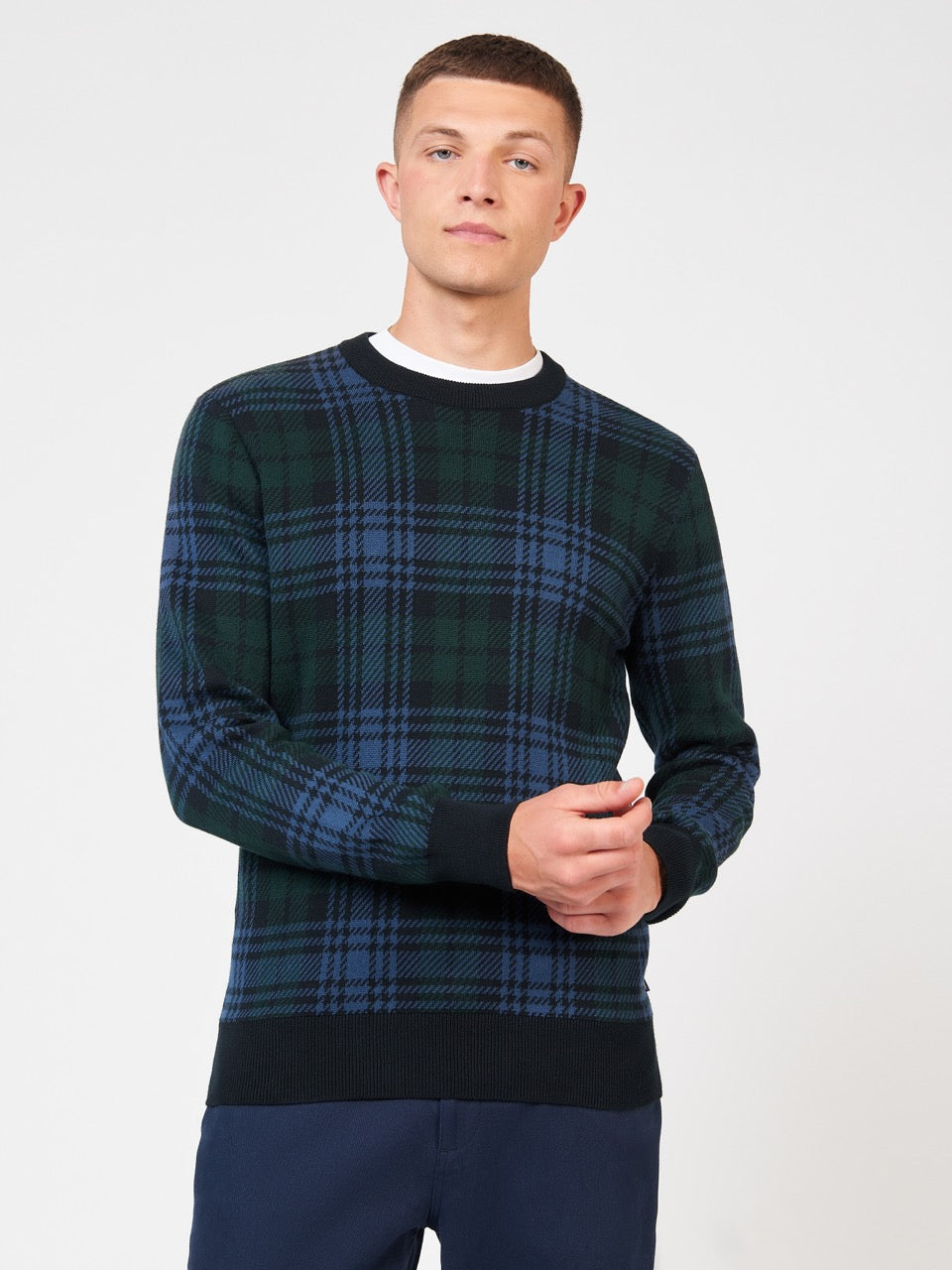 Ben Sherman Blackwatch Check Crewneck Knitwear Black | XHBLNG-047