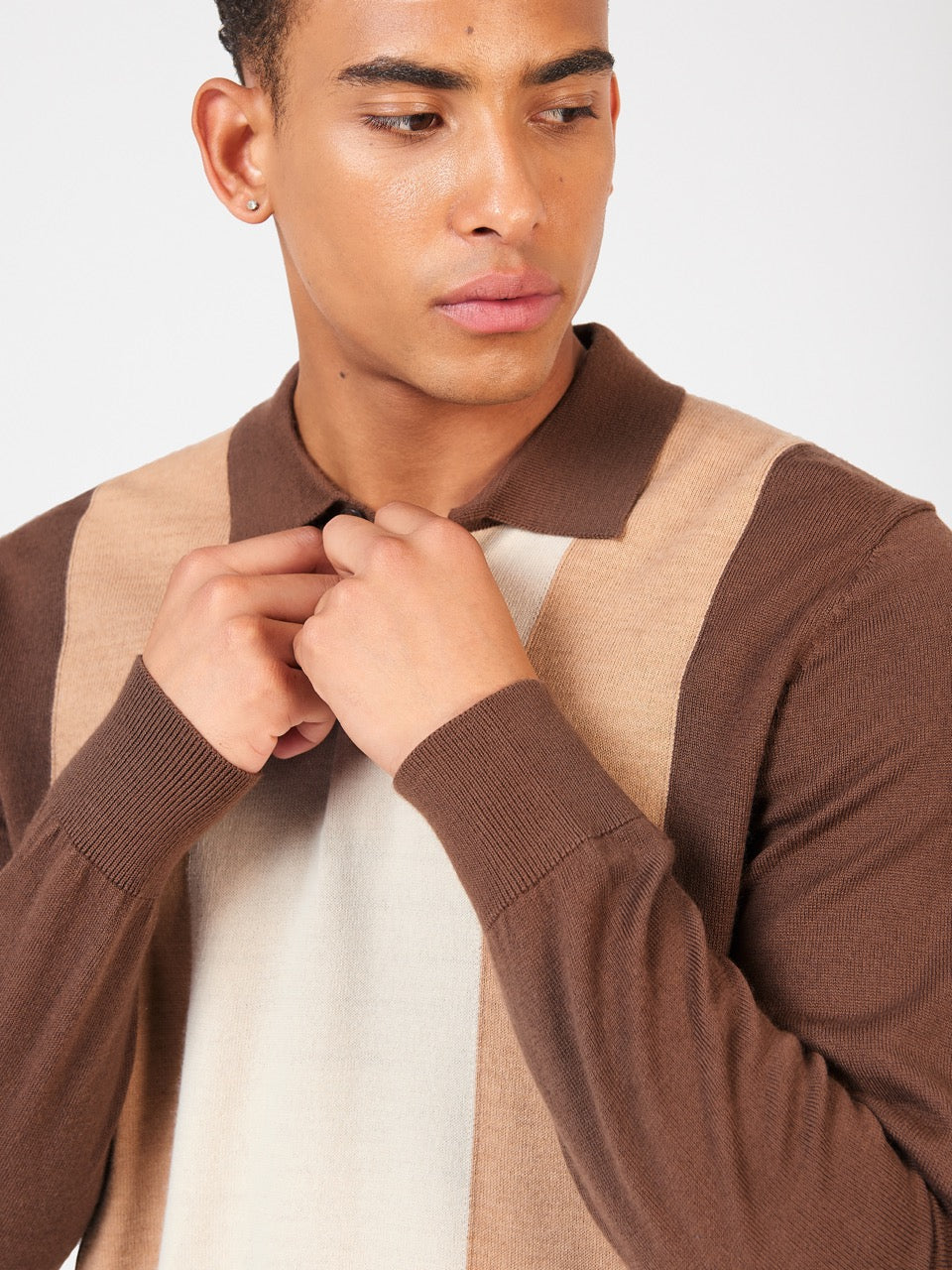 Ben Sherman Block Stripe Merino Polo Neck Sweaters Chocolate | NJFWBA-086