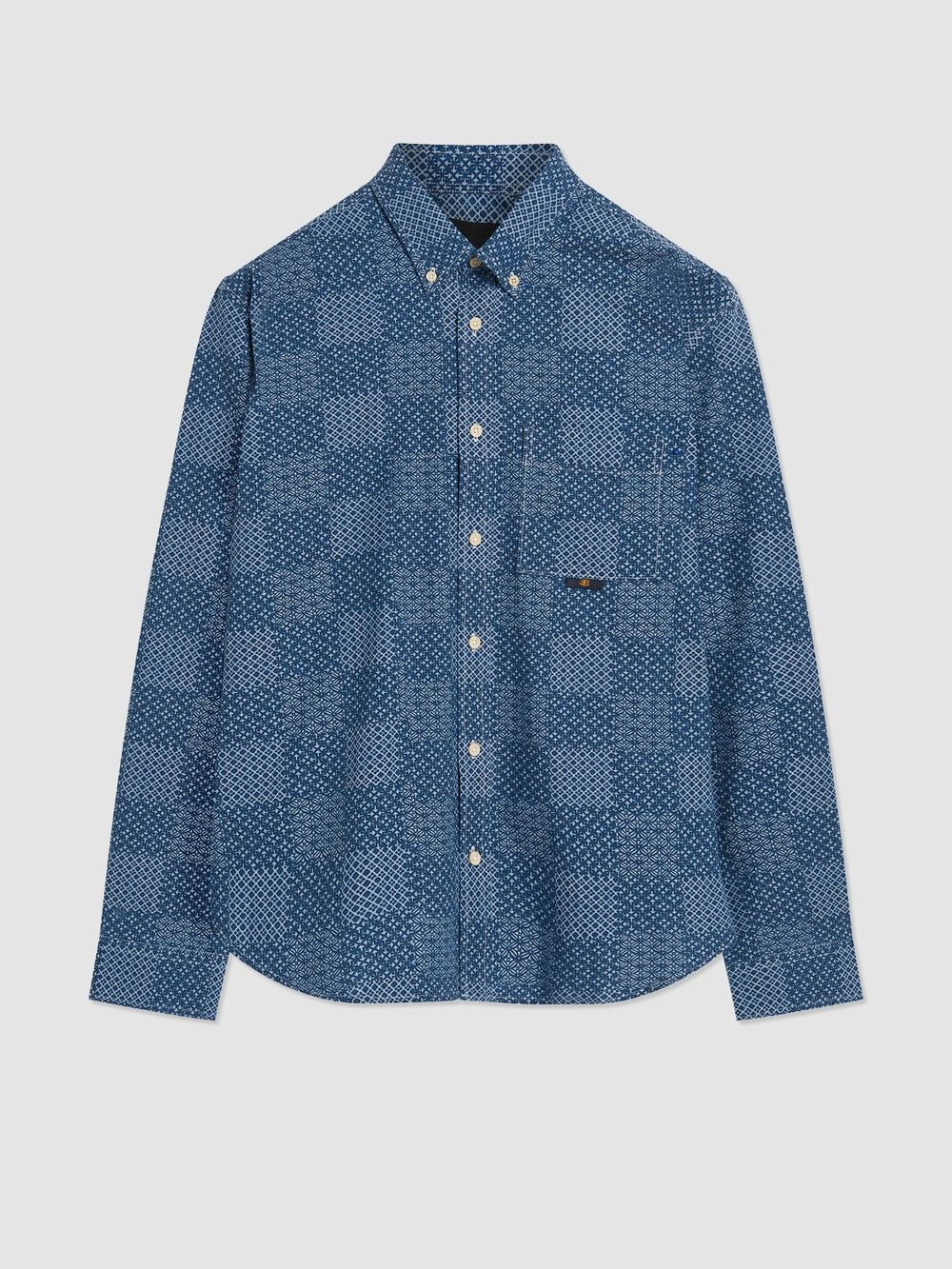 Ben Sherman Chambray Patchwork Geo Print Long-Sleeve Shirts Blue | YEQKGH-381