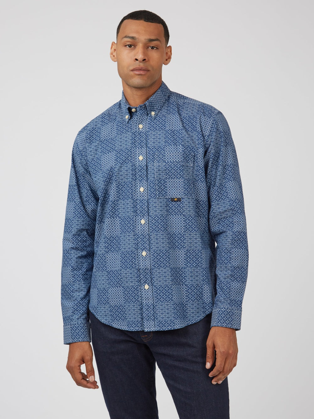 Ben Sherman Chambray Patchwork Geo Print Long-Sleeve Shirts Blue | YEQKGH-381