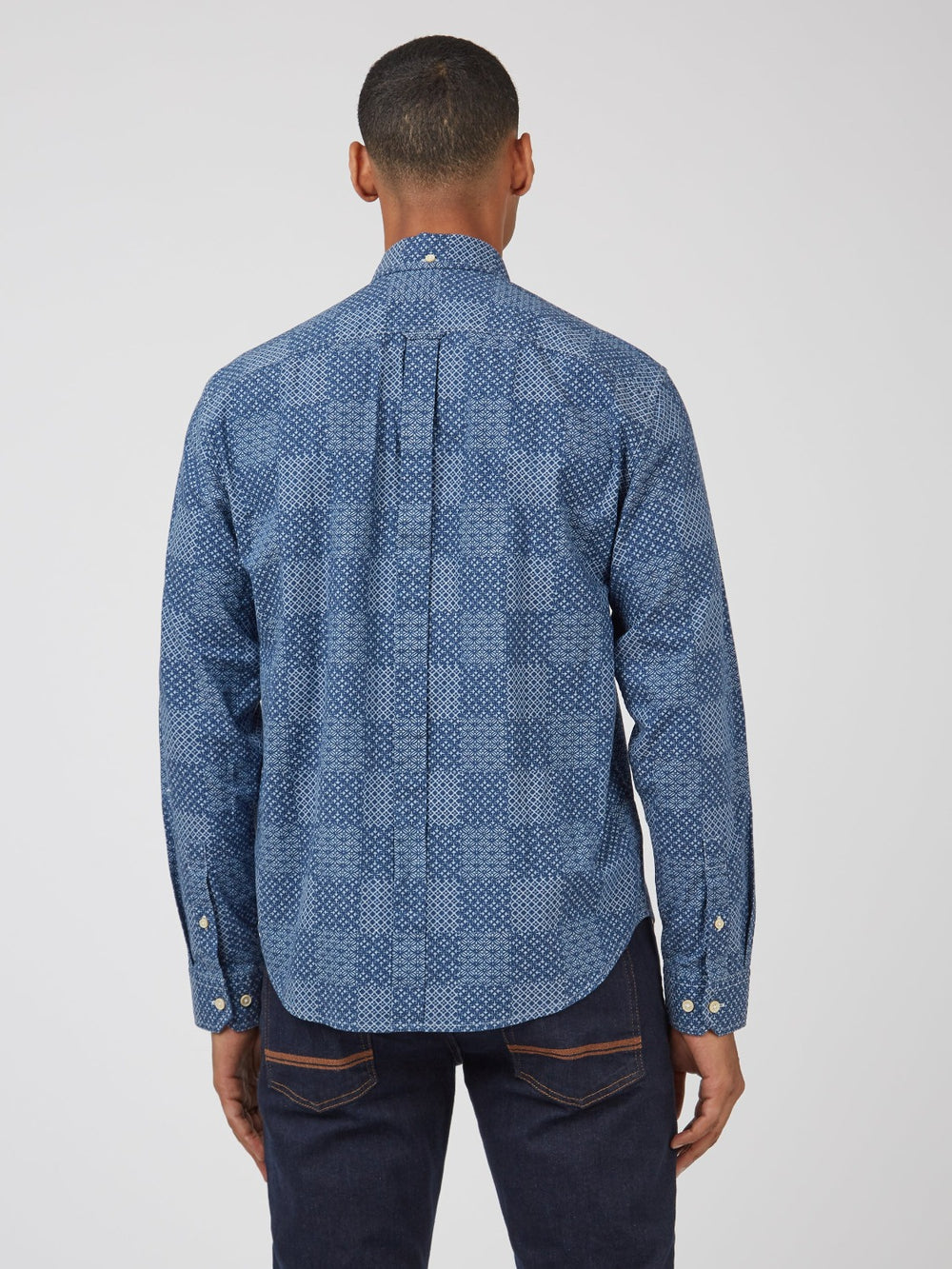 Ben Sherman Chambray Patchwork Geo Print Long-Sleeve Shirts Blue | YEQKGH-381