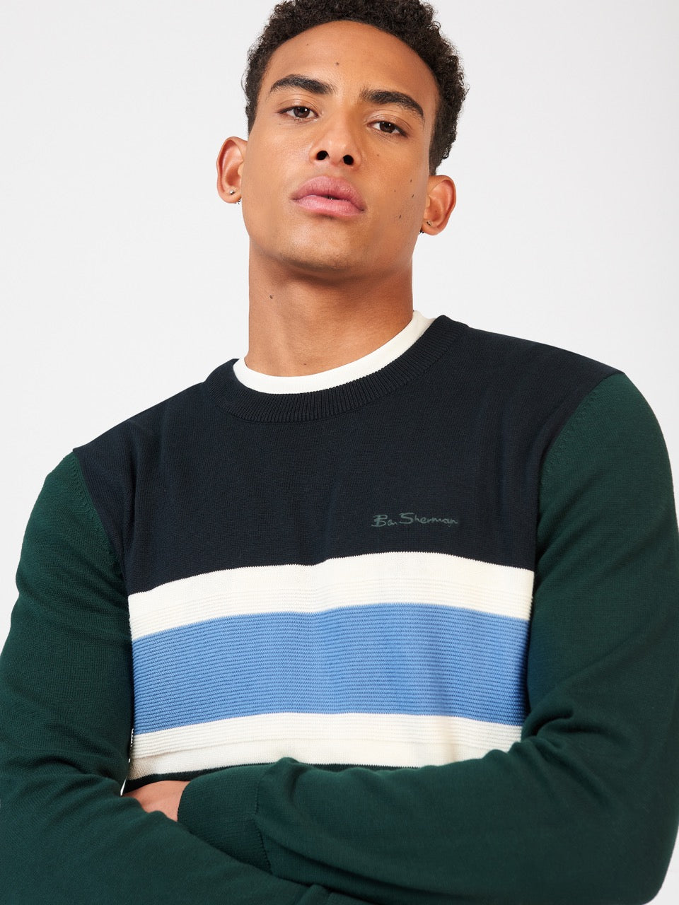 Ben Sherman Chest Stripe Crewneck Knitwear Dark Green | DHYLGT-182