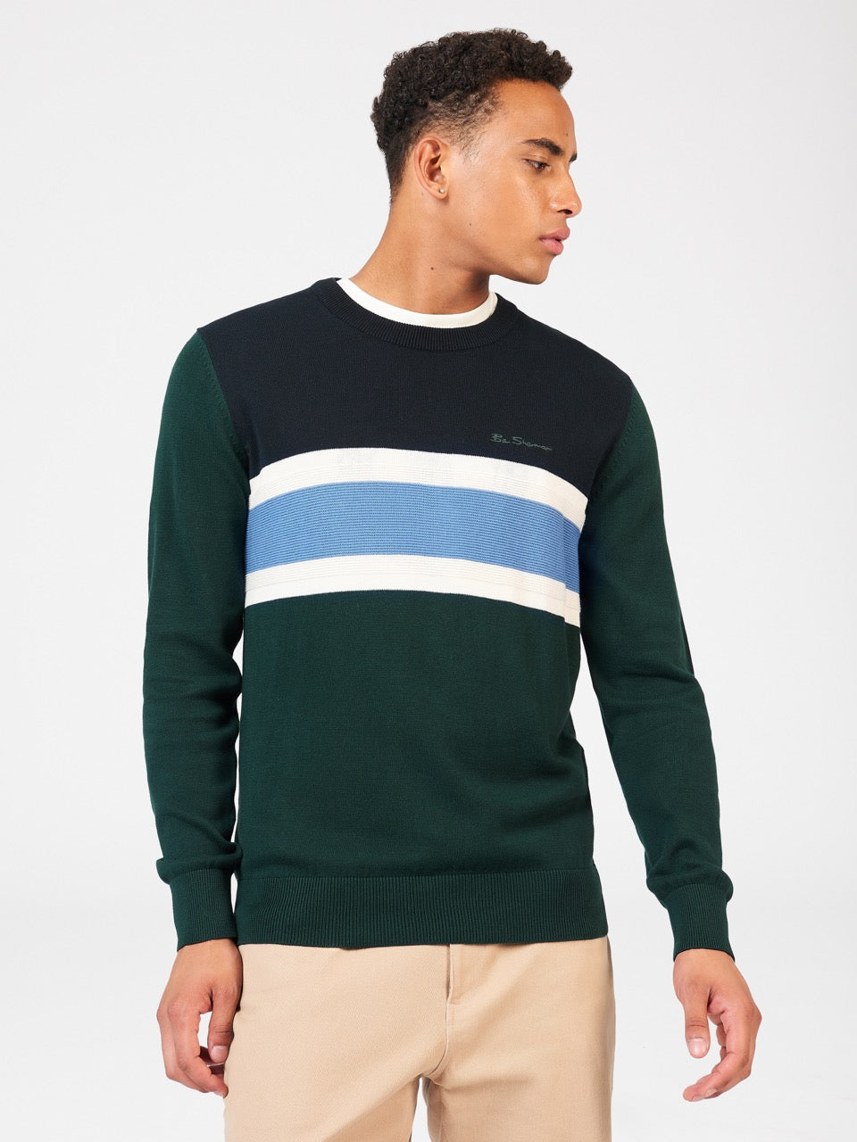 Ben Sherman Chest Stripe Crewneck Knitwear Dark Green | DHYLGT-182