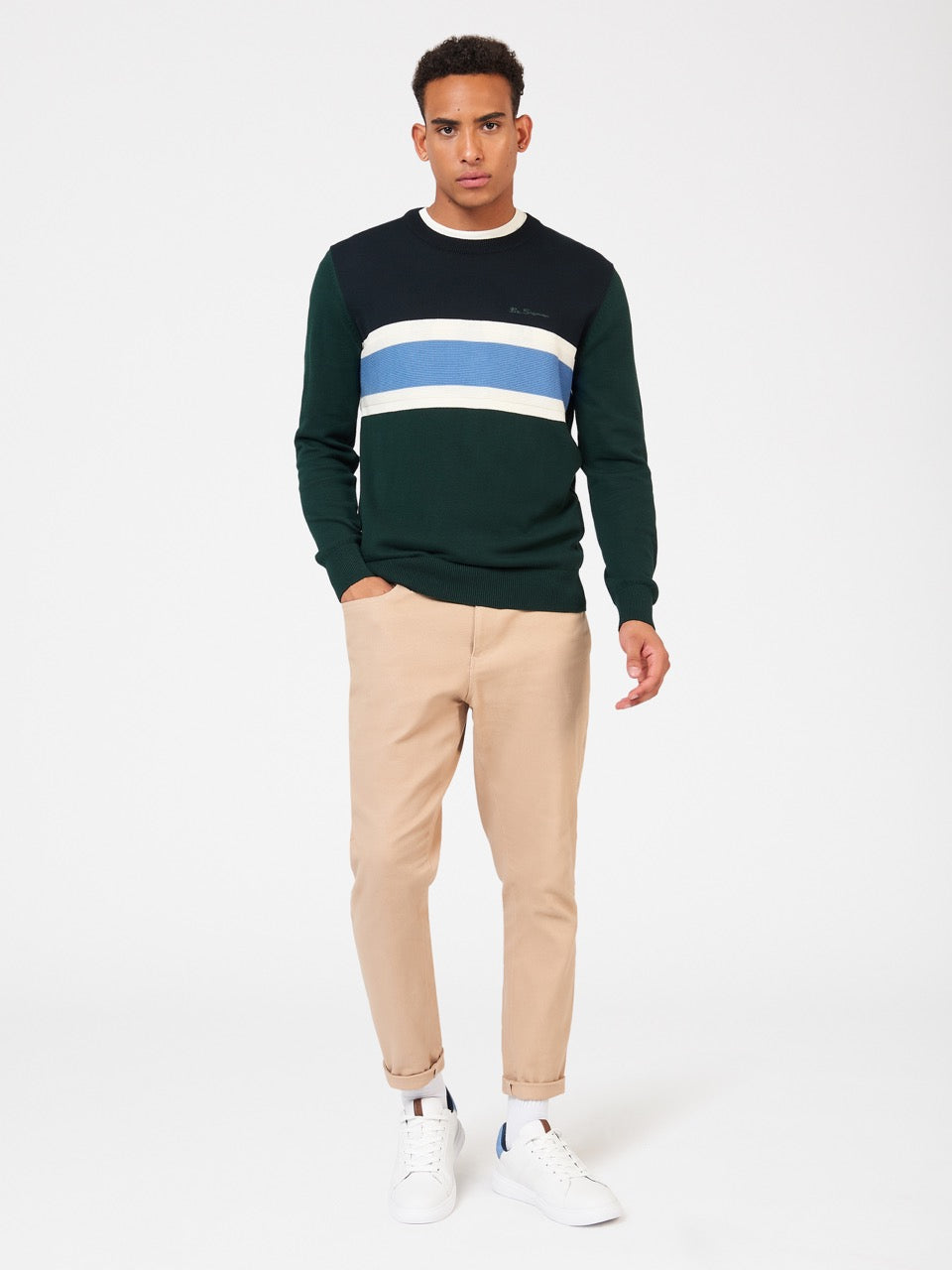 Ben Sherman Chest Stripe Crewneck Knitwear Dark Green | DHYLGT-182