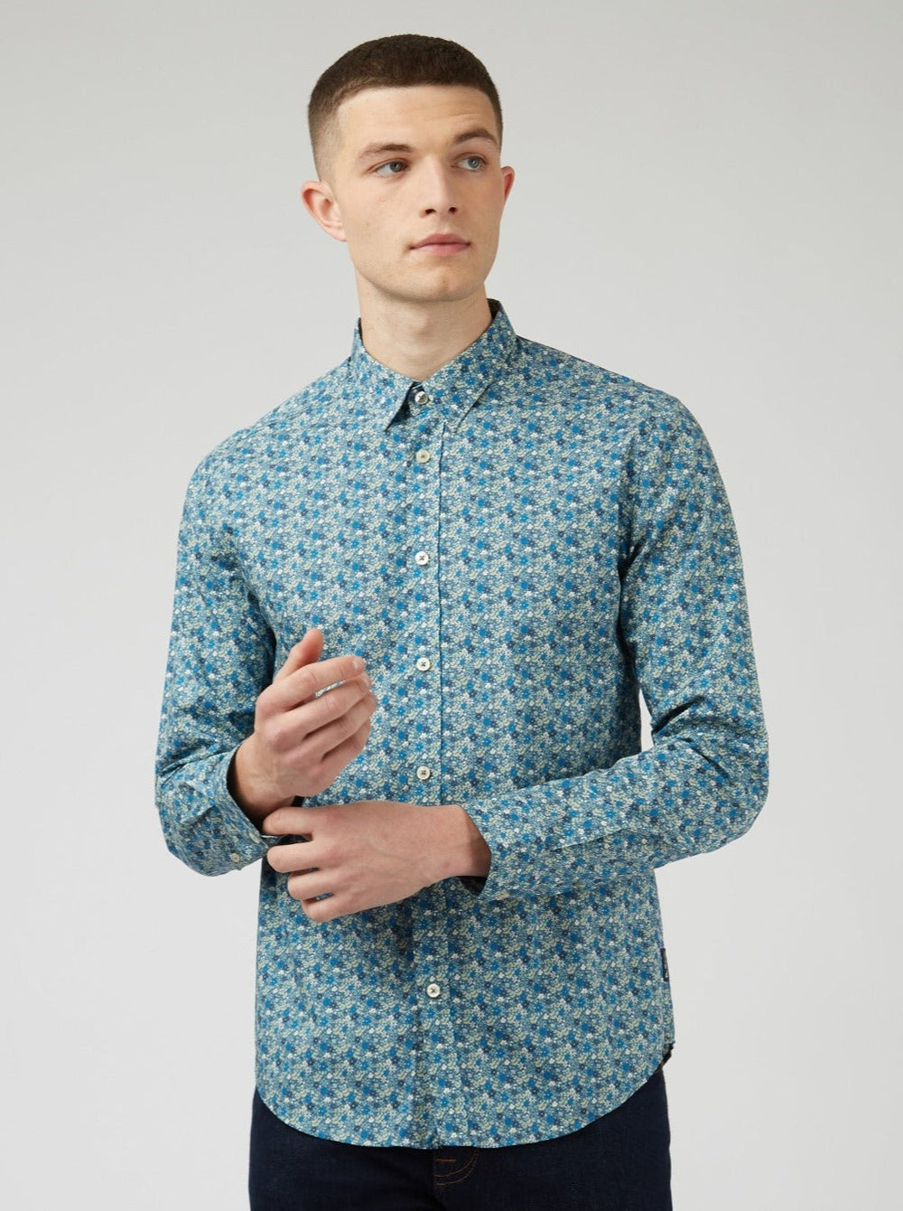 Ben Sherman Floral Print Long-Sleeve Shirts Blue Grey | WQATZG-786