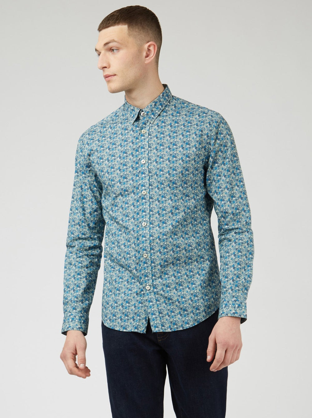 Ben Sherman Floral Print Long-Sleeve Shirts Blue Grey | WQATZG-786