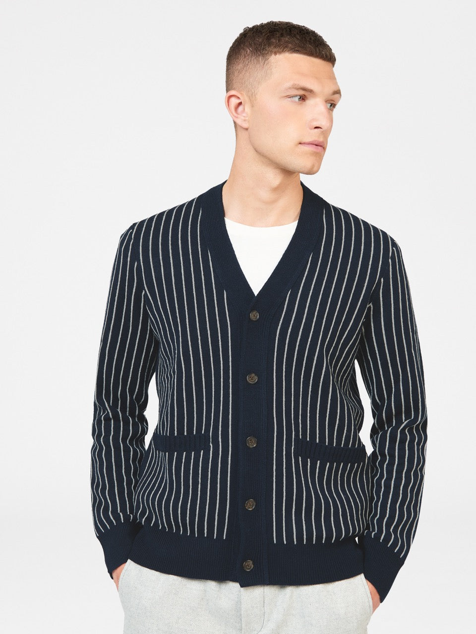 Ben Sherman Jacquard Stripe Cardigan Knitwear Navy | NJRTFK-547