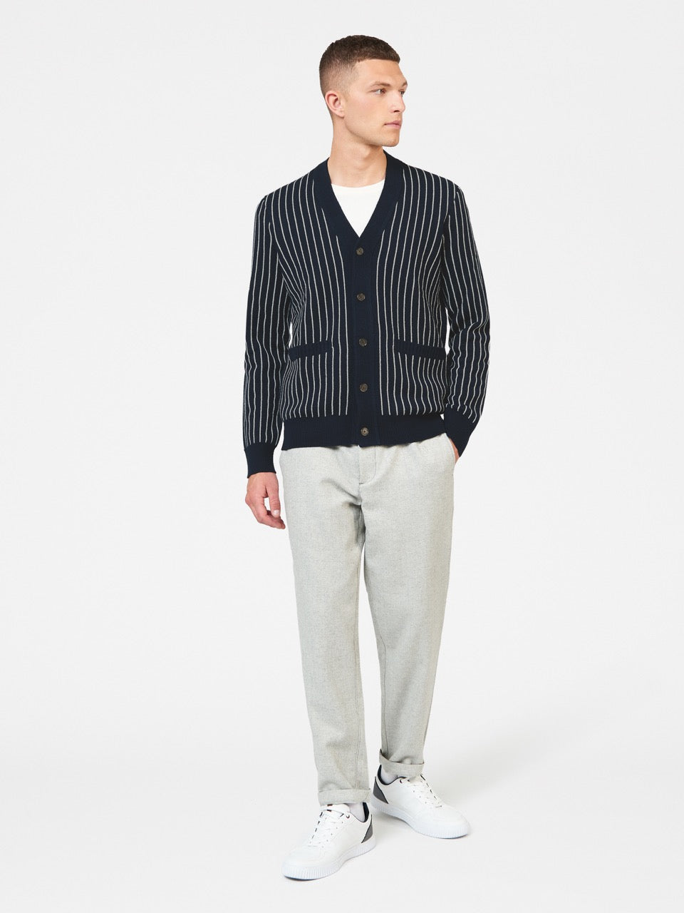 Ben Sherman Jacquard Stripe Cardigan Knitwear Navy | NJRTFK-547