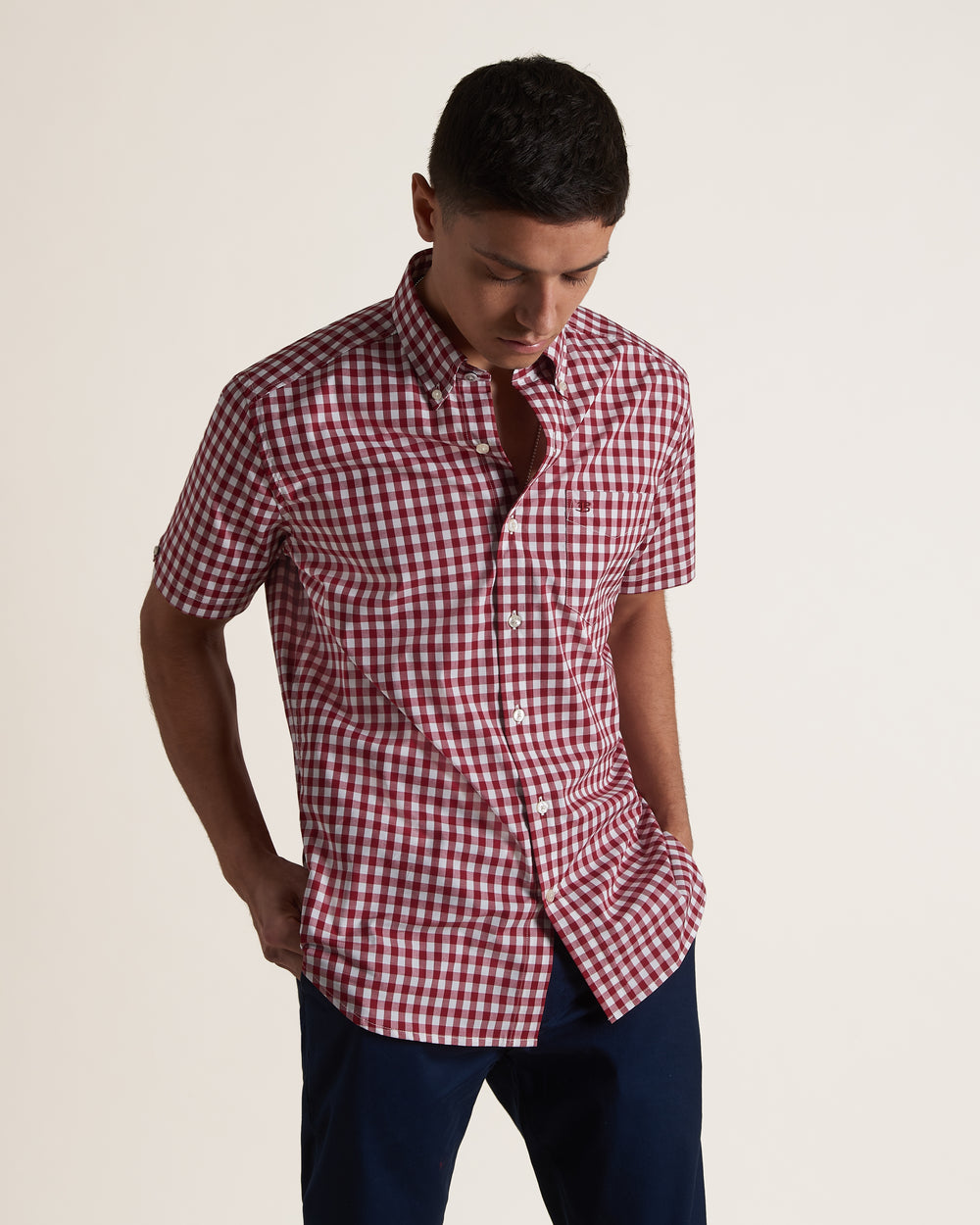 Ben Sherman Short Sleeve House Poplin Gingham Shirts Burgundy | IDPEZR-832