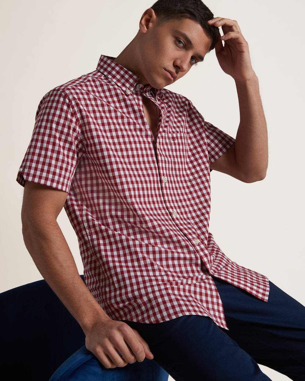 Ben Sherman Short Sleeve House Poplin Gingham Shirts Burgundy | IDPEZR-832