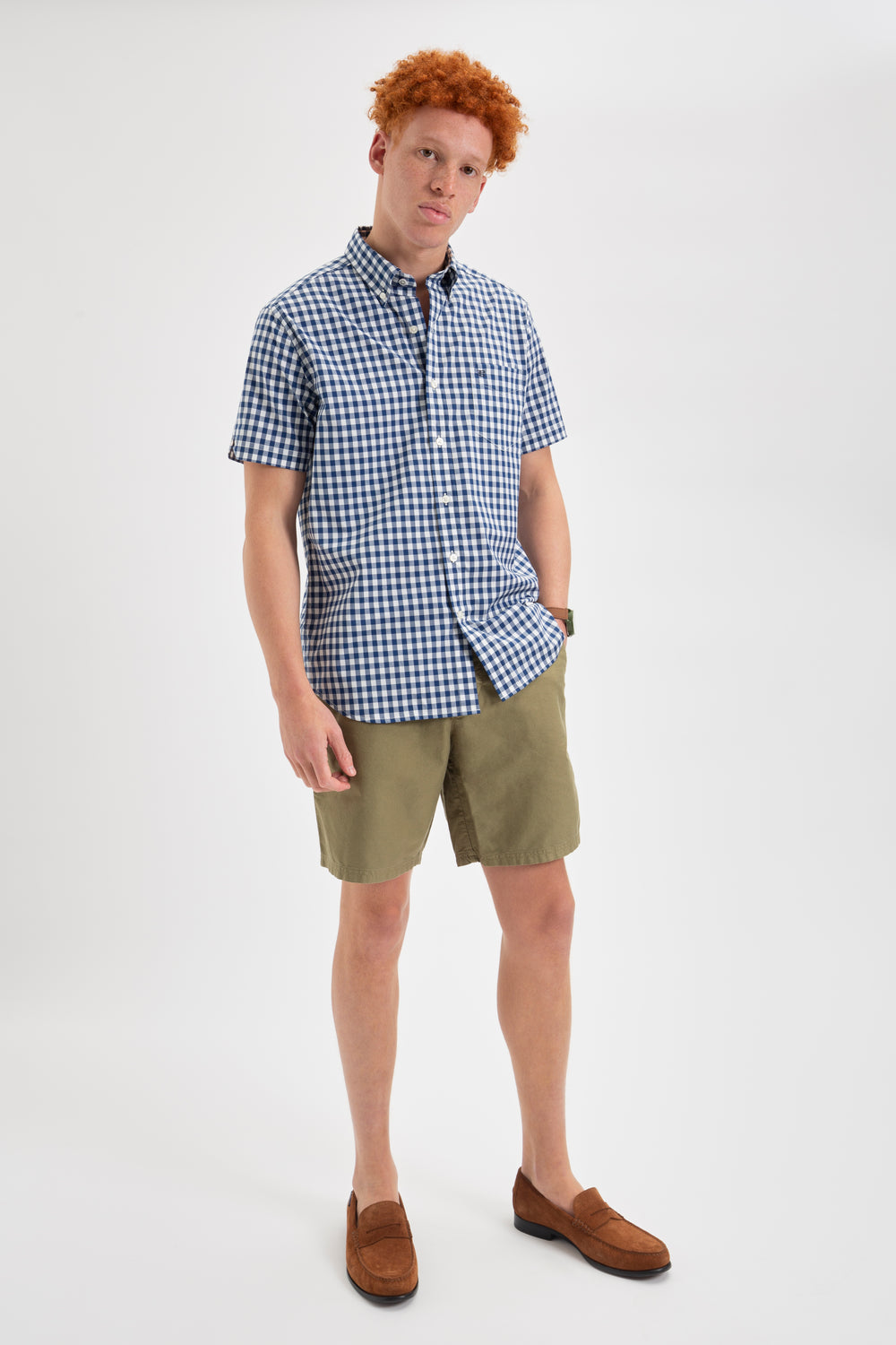 Ben Sherman Short Sleeve House Poplin Gingham Shirts Navy / Olive | VWJKNS-409