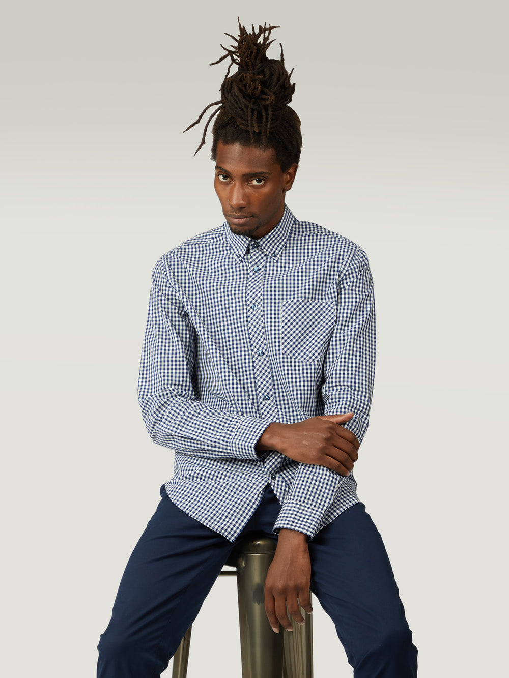 Ben Sherman Signature Long-Sleeve Gingham Shirts Dark Blue | GQJRZO-987