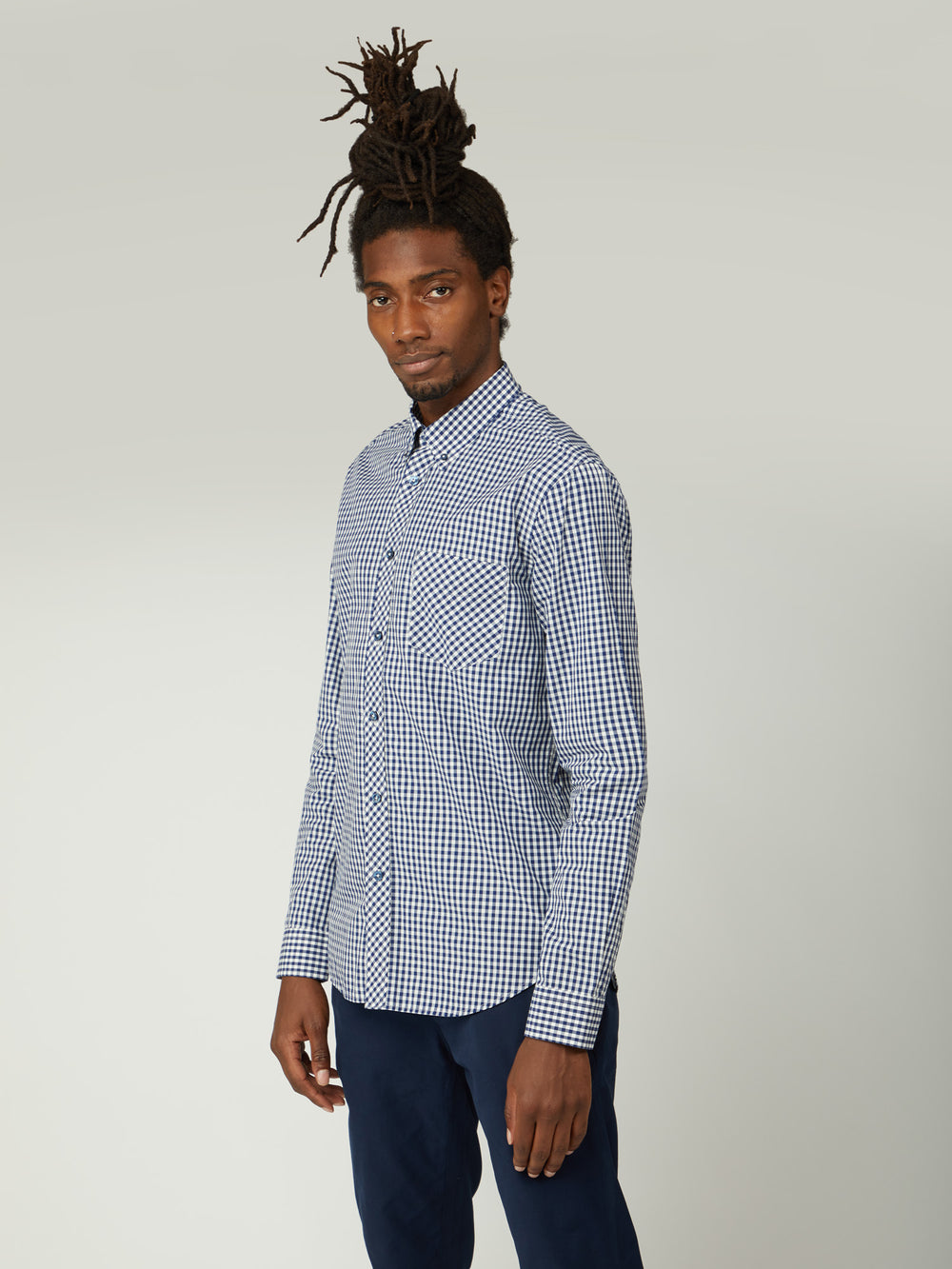 Ben Sherman Signature Long-Sleeve Gingham Shirts Dark Blue | GQJRZO-987