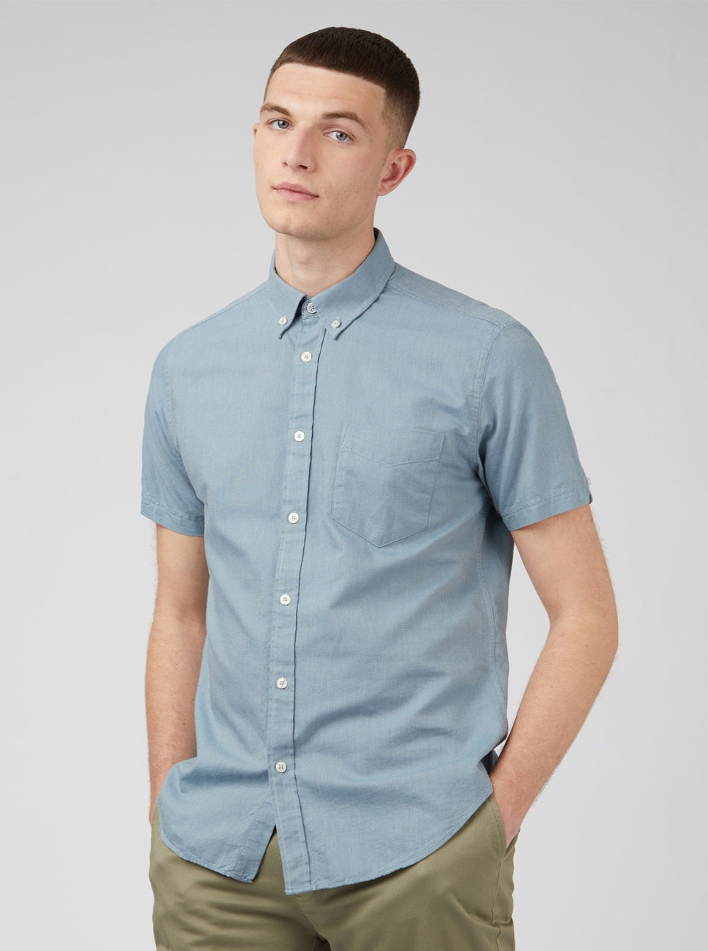 Ben Sherman Signature Organic Short-Sleeve Oxford Shadow Shirts Blue Grey | EWMFAY-068