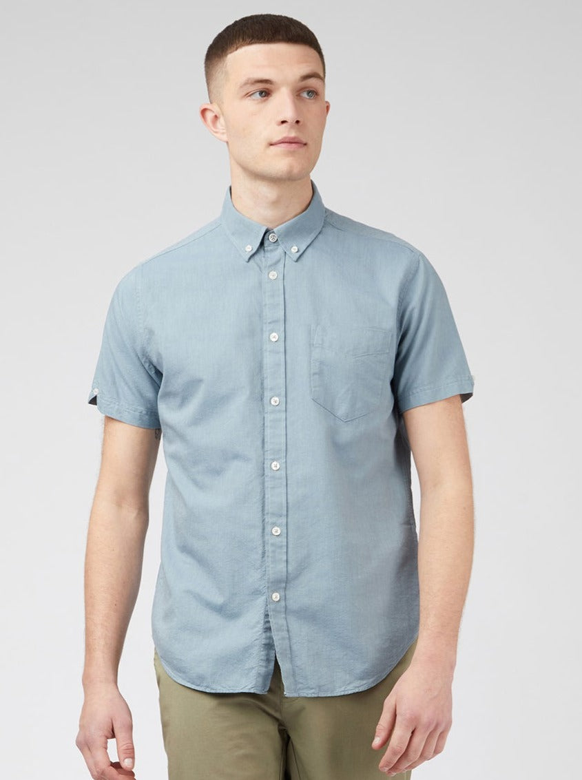 Ben Sherman Signature Organic Short-Sleeve Oxford Shadow Shirts Blue Grey | EWMFAY-068