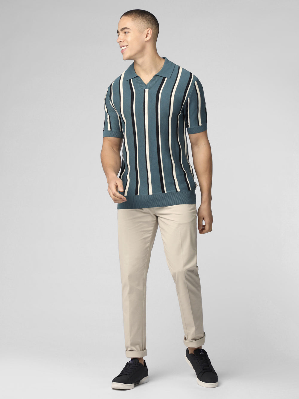 Ben Sherman Signature Vertical Stripe Open Neck Polo Knitwear Turquoise | BOVCXF-609